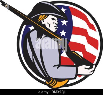 Amerikanischer Patriot Minuteman mit Gewehr und Flagge Stock Vektor