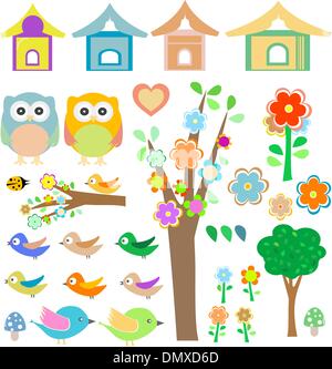 Set Vögel mit Vogelhäuschen, Eulen, Bäume und Blumen Stock Vektor