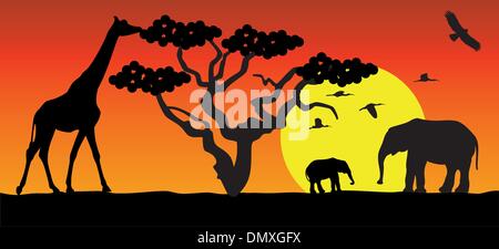 Vektor, Giraffen und Elefanten in Afrika Stock Vektor