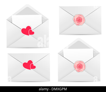Karte zum Valentinstag mit Umschlag, Herz und Rose Blume Vektor-Illustration Stockfoto