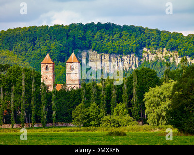 Türme von Veßra Abbey in der Nähe von Themar, Landkreis Hildburghausen, Thüringen, Deutschland Stockfoto