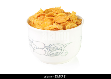 Corn Flakes in einer Schüssel auf weißem Hintergrund Stockfoto