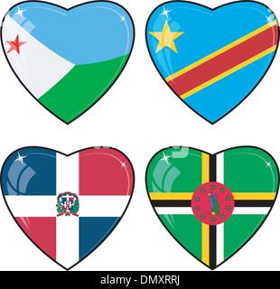 Satz von Vektor-Bilder von Herzen mit den Flaggen der Kongo, Dschibuti Stock Vektor