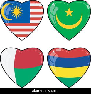 Satz von Vektor-Bilder von Herzen mit den Flaggen von Malaysia, Mauri Stock Vektor