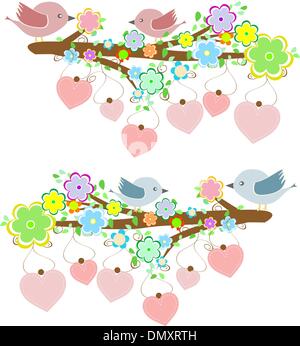 Karten mit Paaren der Vögel sitzen auf Ästen mit Herzen Stock Vektor