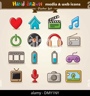 Hand gezeichnet Medien und Unterhaltung Web Icons Stock Vektor