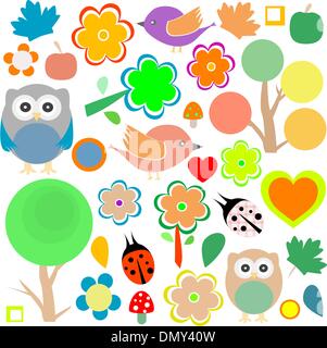 Eulen, Vögel, Bäume und Blumen Vektor Hintergrund einstellen Stock Vektor
