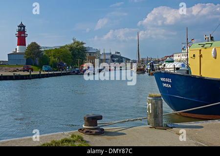 Museumshafen mit Leuchtturm Büsum, Kreis Dithmarschen, Schleswig-Holstein, Deutschland Stockfoto