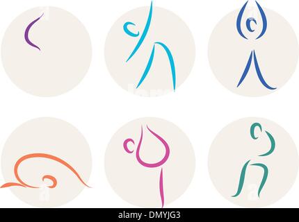 Yoga Strichmännchen Icons oder Symbole, die isoliert auf weiss Stock Vektor