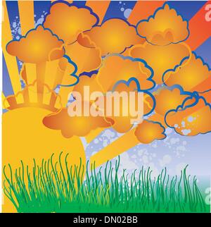 Cartoon-Natur - Sonne, Wolken, Grass. Stock Vektor