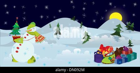 Schneemann und Weihnachtsbaum im Topf banner Stock Vektor