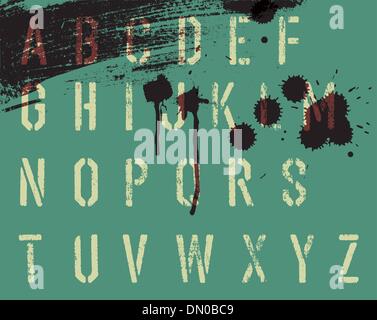 Grunge Schablone Alphabet mit Tropfen oder Schlieren. Vektor, EPS10 Stock Vektor