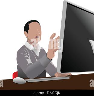 Gut aussehender Mann sitzt vor dem Computer. Vektor-illustration Stock Vektor