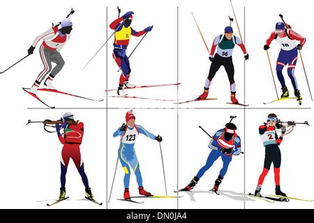 Acht Biathlon-Läufer. Farbige Vektor-illustration Stock Vektor