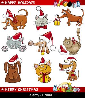 Cartoon-Satz von Weihnachtskatzen und Hunde Stock Vektor