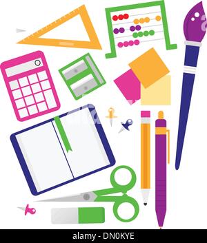 Schule-Zubehör-Set isoliert auf weiss Stock Vektor