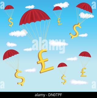 Illustration von Dollar und Pfund mit Fallschirm Stock Vektor