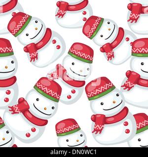 Lächelnde Schneemann mit rotem Schal und Mütze auf weißem Hintergrund. Stock Vektor