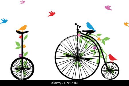 Vögel auf Retro-Fahrrad, Vektor-illustration Stock Vektor