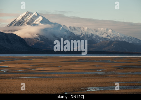 Ebbe am Chilkat Einlass in der Nähe von Haines Alaska im frühen Winter mit Schnee auf den Bergen. Stockfoto