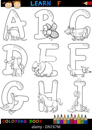 Cartoon-Alphabet mit Tieren zum Ausmalen Stock Vektor