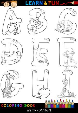 Cartoon-Alphabet mit Tieren zum Ausmalen Stock Vektor