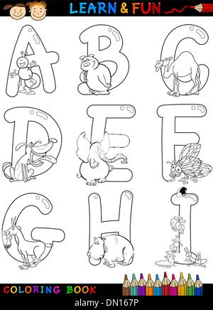 Cartoon-Alphabet mit Tieren zum Ausmalen Stock Vektor