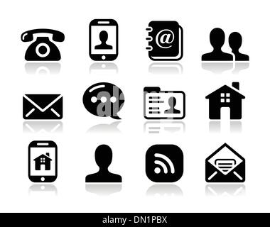 Kontakt schwarz Icons set - Benutzer, e-Mail, Handy, smartphone Stock Vektor