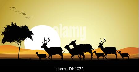 Schönheit Hirsch Familie Silhouette mit Sonnenuntergang Hintergrund Stock Vektor