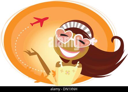 Frau mit herzförmigen Gläser und Flugzeug im Hintergrund zu reisen Stock Vektor
