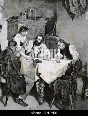 Gesellschaft. Familie Spielkarten zu Hause arbeiten. Gravur L. Yage, 1887 Stockfoto