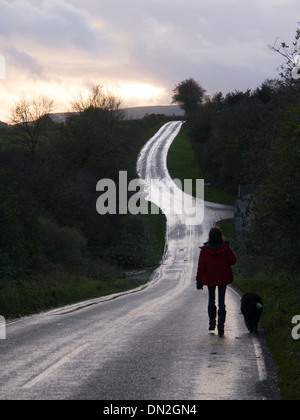 Dogwalker auf einer kurvenreichen Landstraße in der Abenddämmerung Stockfoto