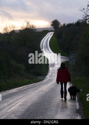 Dogwalker auf einer kurvenreichen Landstraße in der Abenddämmerung Stockfoto