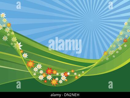 Frühling-Landschaft mit grünen Hügeln und Blumen auf einem Netz Stock Vektor