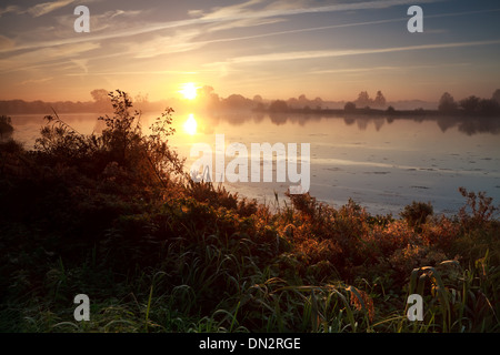 Sommer Sonnenaufgang über wilde See, Drenthe, Niederlande Stockfoto