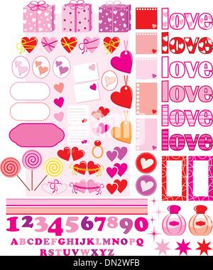 Scrapbook-Elemente mit Zeichen der Liebe und Herzen Stock Vektor