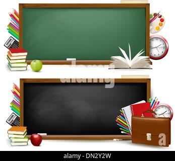 Zurück zur Schule. Zwei Banner mit Schulmaterial. Vektor. Stock Vektor