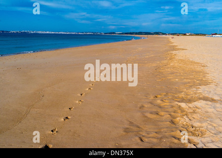 Fußspuren im Sand an einem leeren Strand mit blauer Himmel und blaues Meer, Wasser-Linie im sand Stockfoto