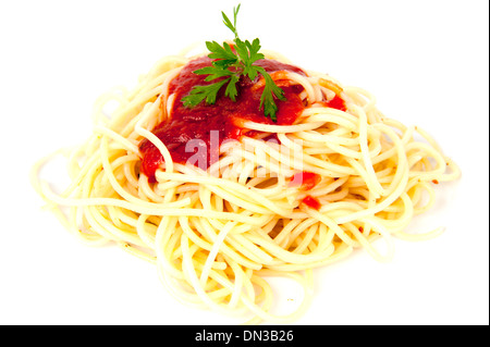 Pasta mit Tomaten-Sauce und Parmesan-Käse. Stockfoto