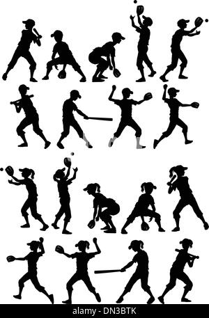 Baseball oder Softball Silhouetten Kinder Jungen und Mädchen Stock Vektor