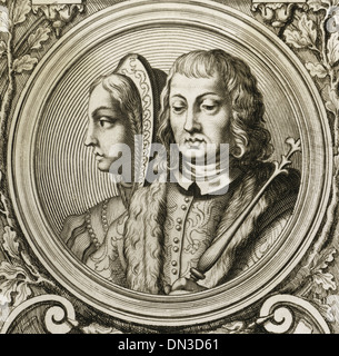 Katholischen Könige Isabella ich (1451-1504) und Ferdinand II. (1452-1516). Gravur. Stockfoto