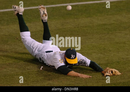 14. August 2006; Oakland, Kalifornien, USA; Oakland Athletics Mark Ellis, #14, fällt flach auf sein Gesicht beim Versuch, einen Foul Ball getroffen von Seattle Mariner Kenji Johjima, #2, im 8. Inning ihres Spiels auf Montag, 14. August 2006, McAfee Coliseum in Oakland, Kalifornien zu ergattern. Obligatorische Credit: Foto von Jose Carlos Fajardo/Contra Costa Times / ZUMA Press. (©) Copyright 2006 von Contra Cos Stockfoto