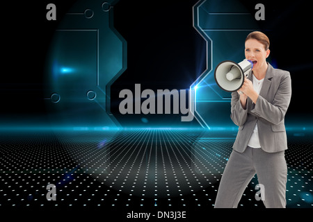 Montagebild Geschäftsfrau, reden über ein Megaphon Stockfoto