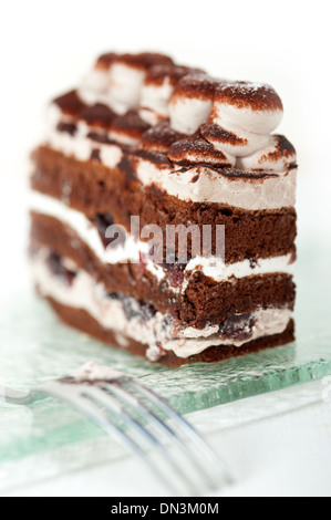 frisch geschlagene Sahne Dessert Kuchen Stück mit Kakaopulver obenauf Stockfoto