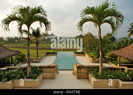 Blick auf den privaten Swimmingpool aus der Honeymoon-Suite im Hotel Amanjiwo, Borobudur, Java, Indonesien Stockfoto