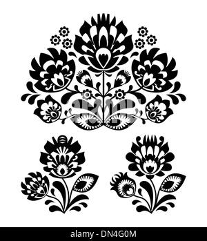 Volkstümliche Stickerei mit Blumen - traditionelle polnische Muster in schwarz-weiß Stock Vektor