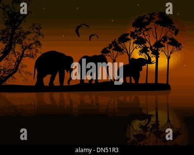 Silhouette der Elefanten in Afrika in der Nähe von Wasser Stock Vektor