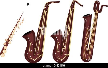 Verschiedene Arten von Saxophon auf dunklen braunen Hintergrund Stock Vektor