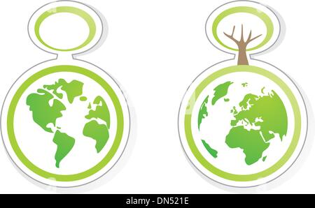 Vector Eco recycling Symbol, Zeichen, Logos oder Aufkleber mit Baum. Welt Welt isoliert auf weißem Hintergrund mit Schatten und beide Globen Stock Vektor