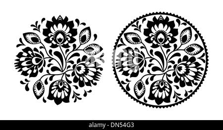 Volkstümliche Stickerei mit Blumen - traditionelle polnische Runde Muster in schwarz-weiß Stock Vektor